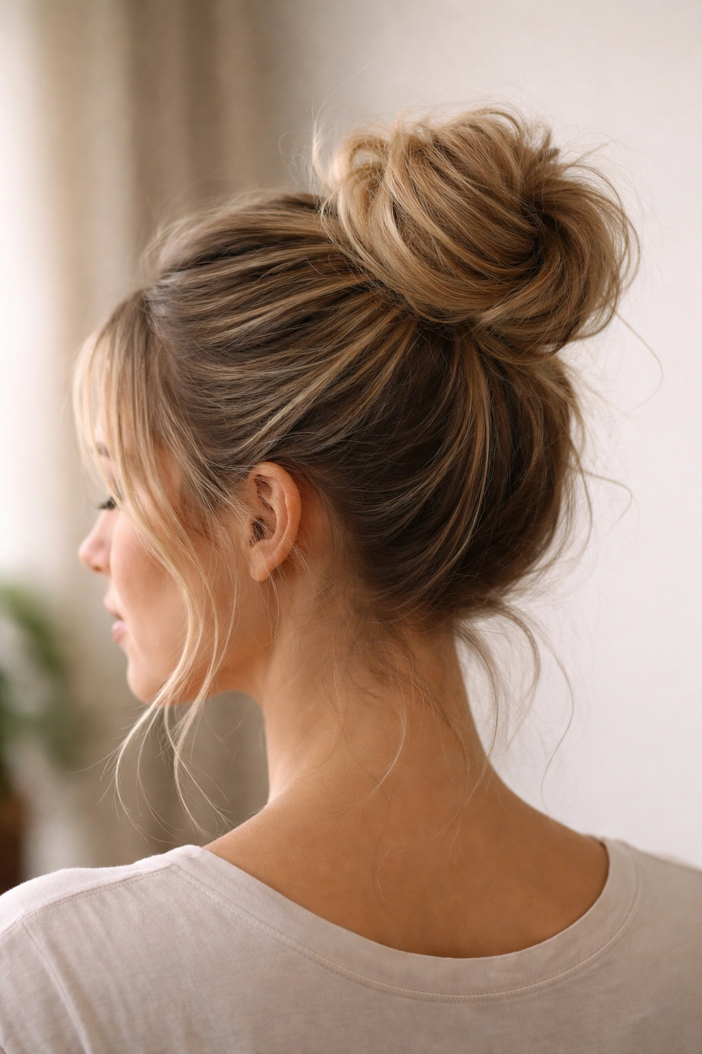 12 Everyday Hairstyles You Can Do In 5 Minutes 3 High textured bun with loose strands at crown