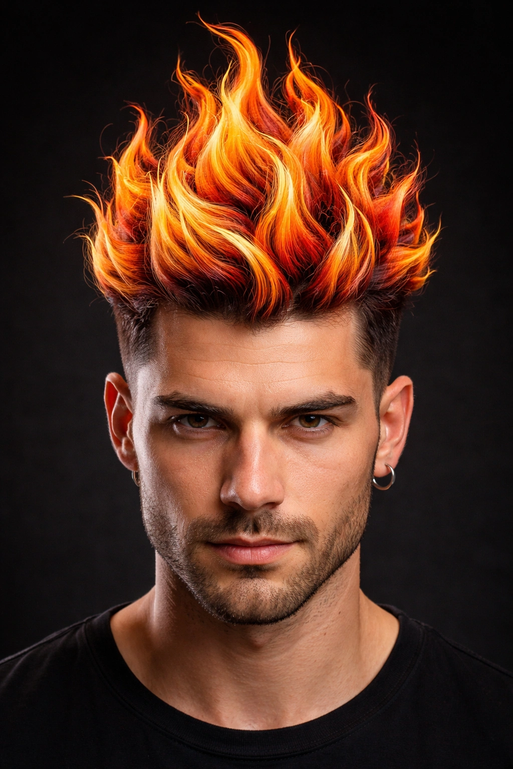 Head with sculpted flame design hair in fiery colors against dark background