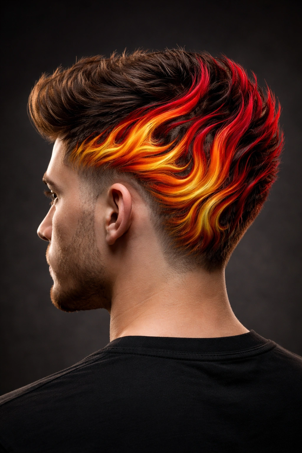Hair sculpted into flame shapes with red, orange, yellow gradient in studio lighting.