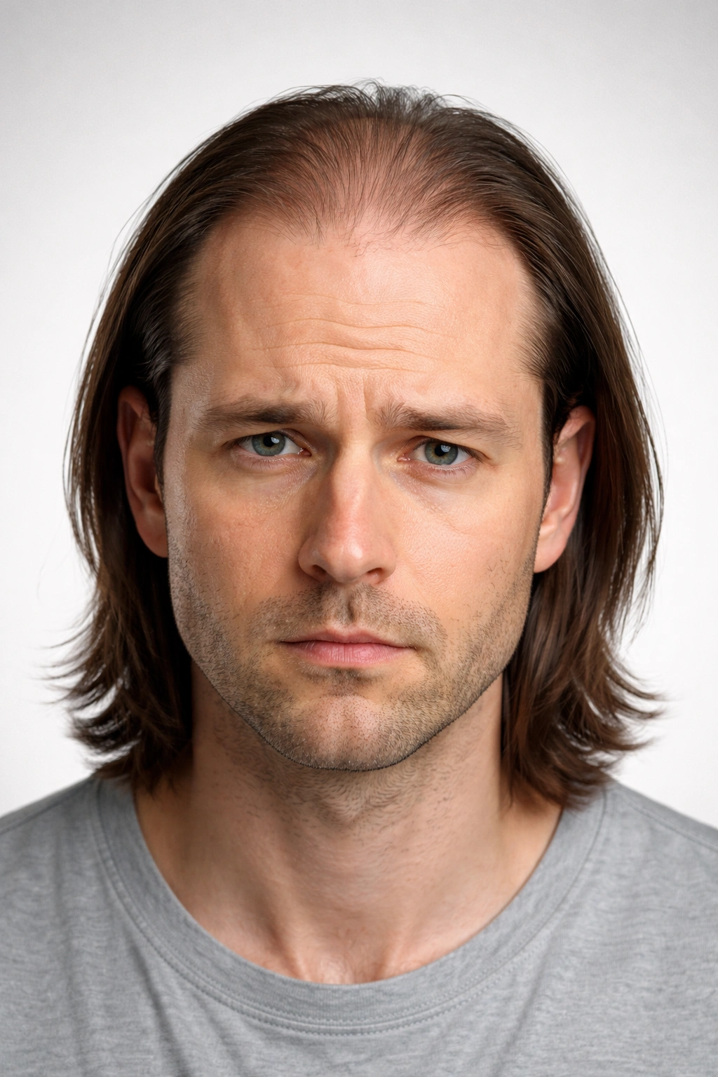 Close-up portrait of a man with flat, textureless hair at a high hairline