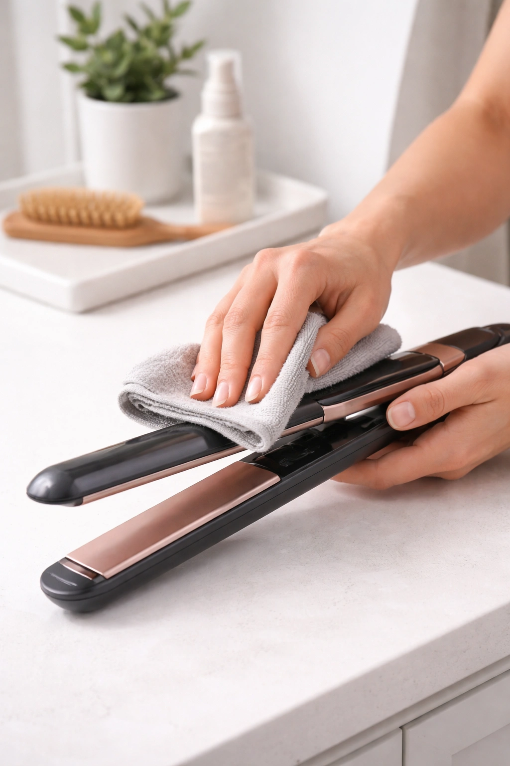 Flat iron being cleaned with a microfiber cloth