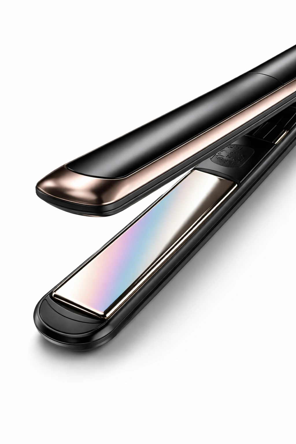 Close-up of a premium flat iron with ceramic plates and titanium accents on a white background