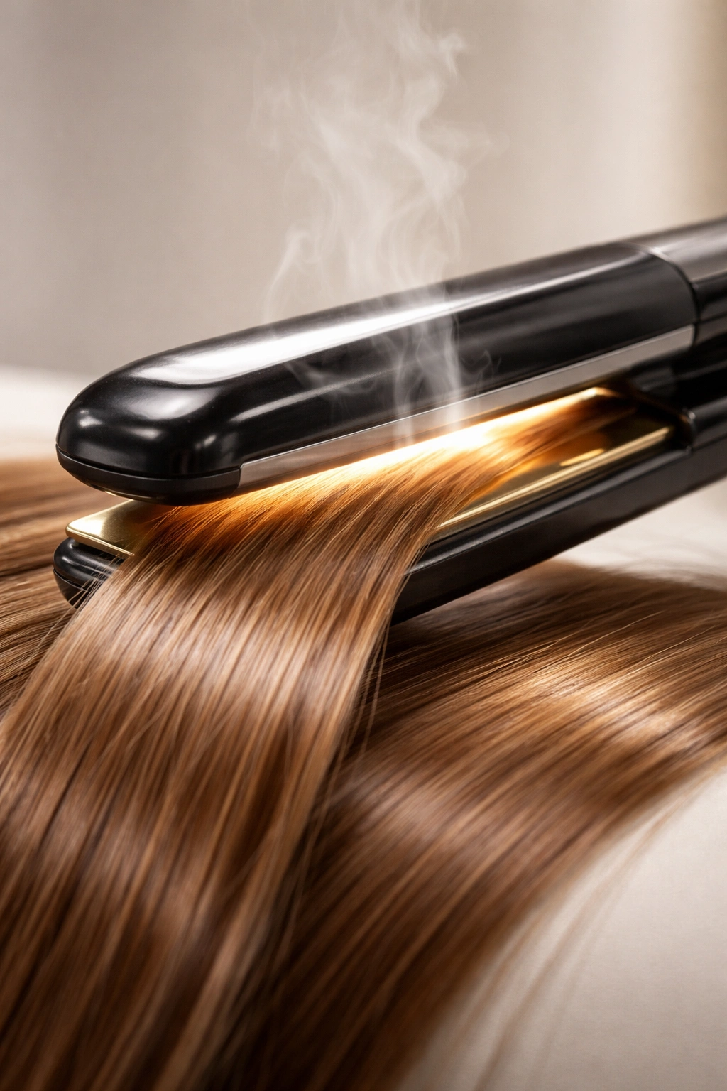 Flat iron clamping hair during straightening with reflective plates
