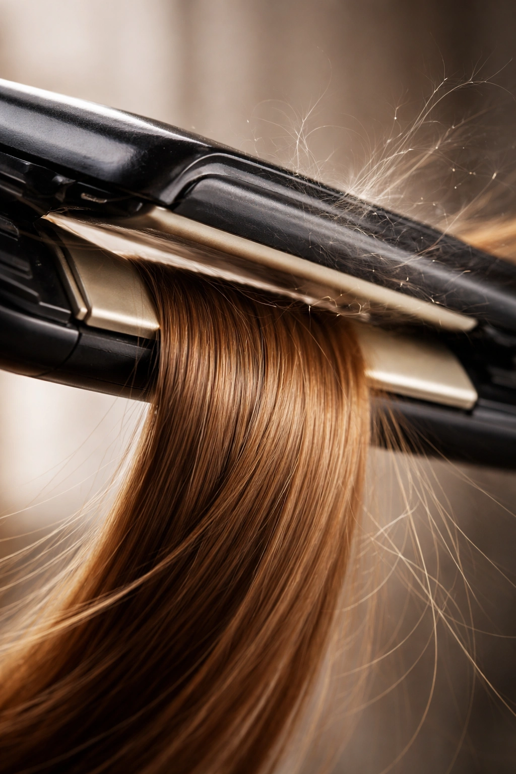 Hair strand between flat iron plates with static glow
