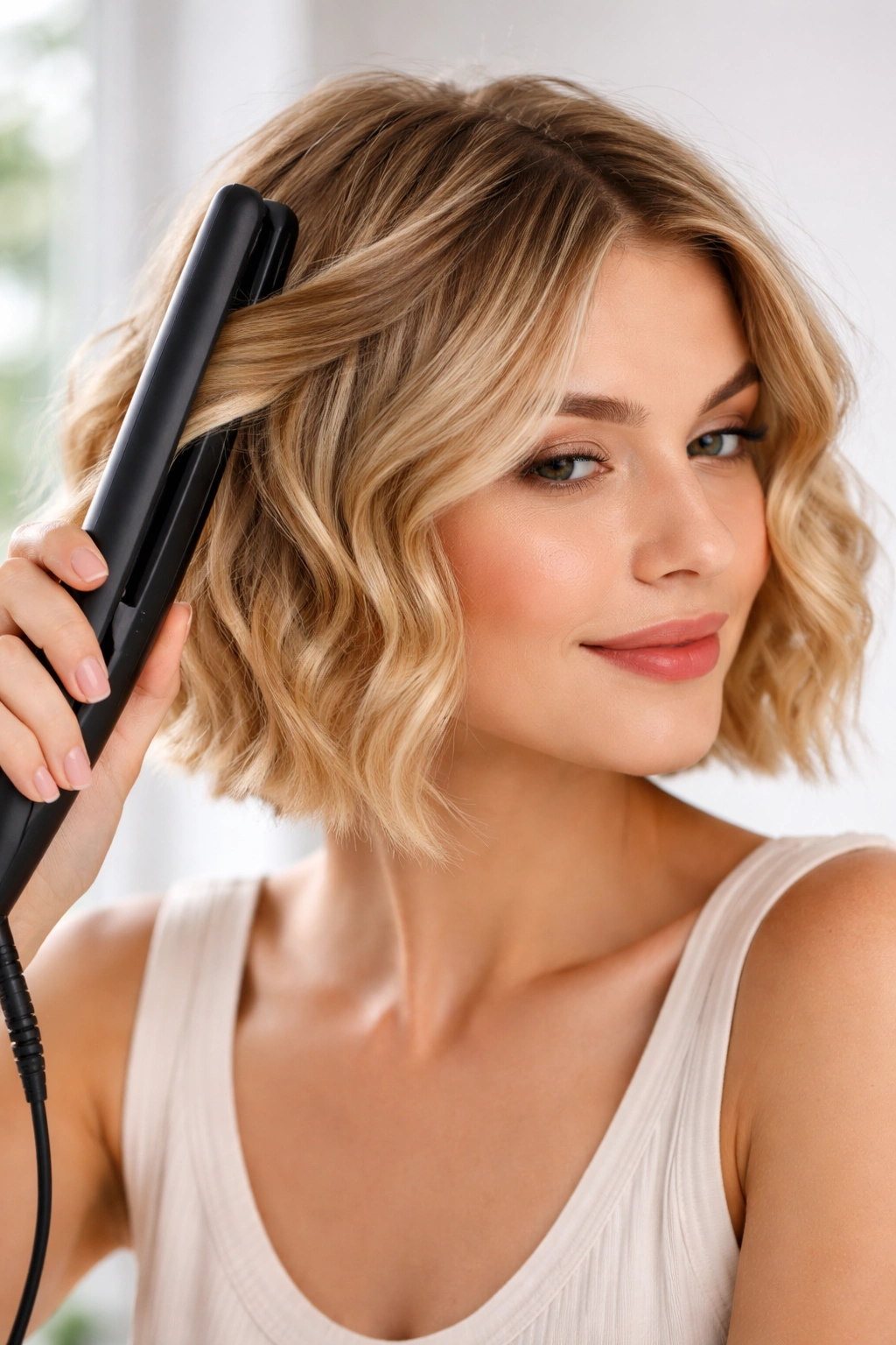 Close-up of a vertical flat iron creating a gentle wave on short hair