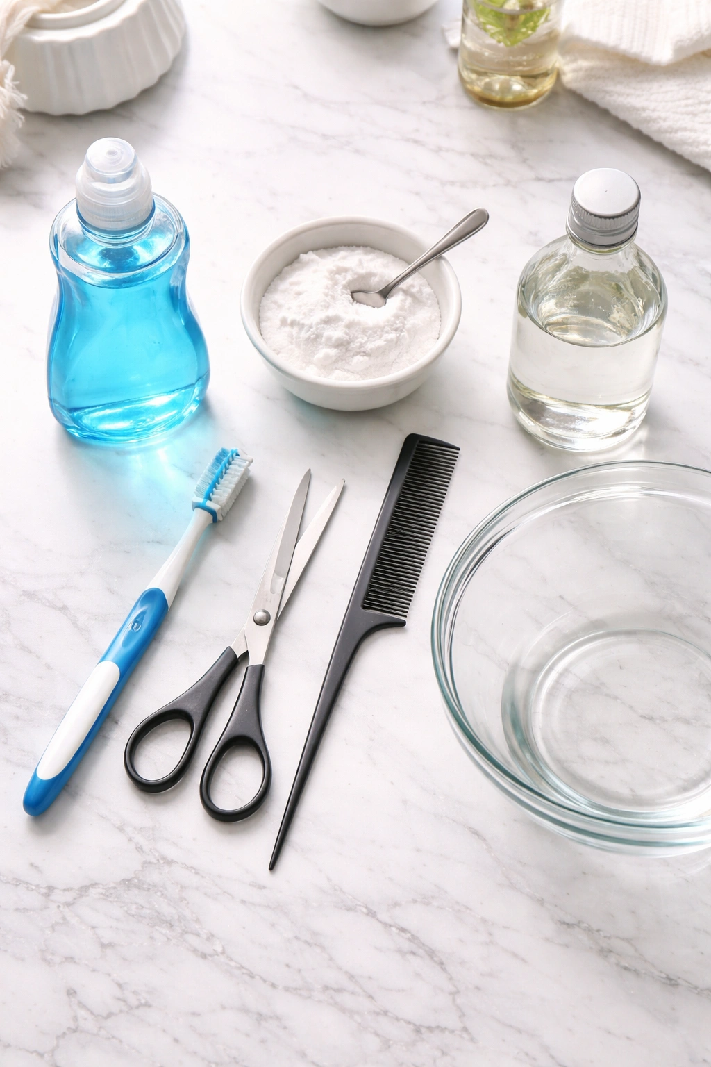 Flat lay of essential brush-cleaning supplies: shampoo, toothbrush, baking soda, vinegar, scissors, rat-tail comb, bowl