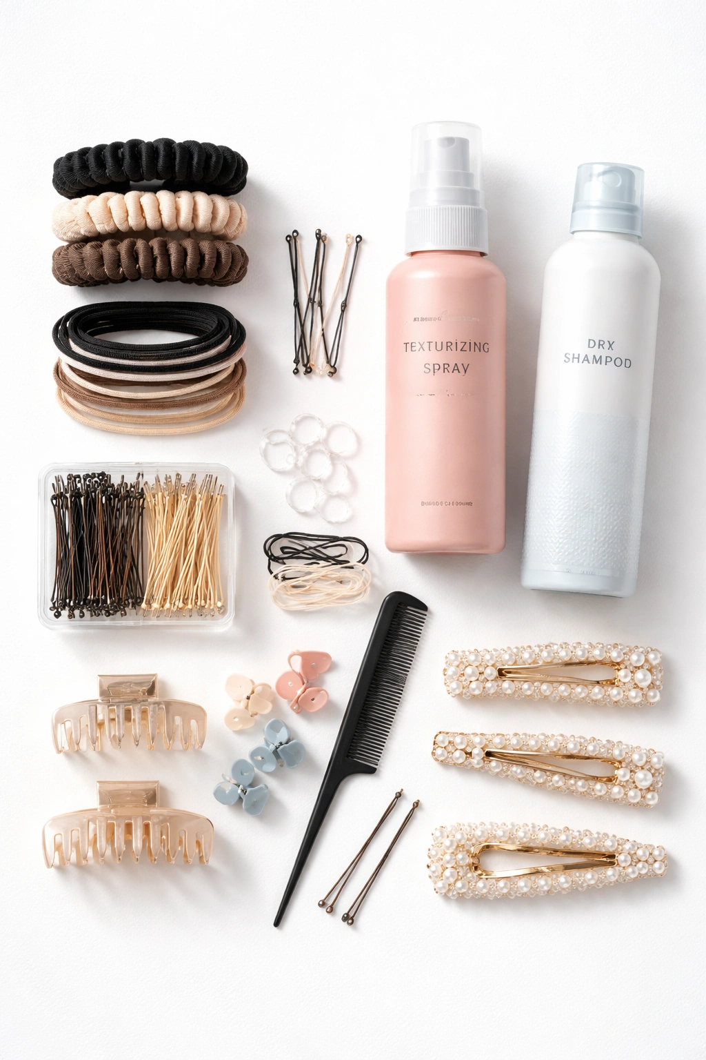 Flat lay of hair elastics, bobby pins, spray, clips on white background