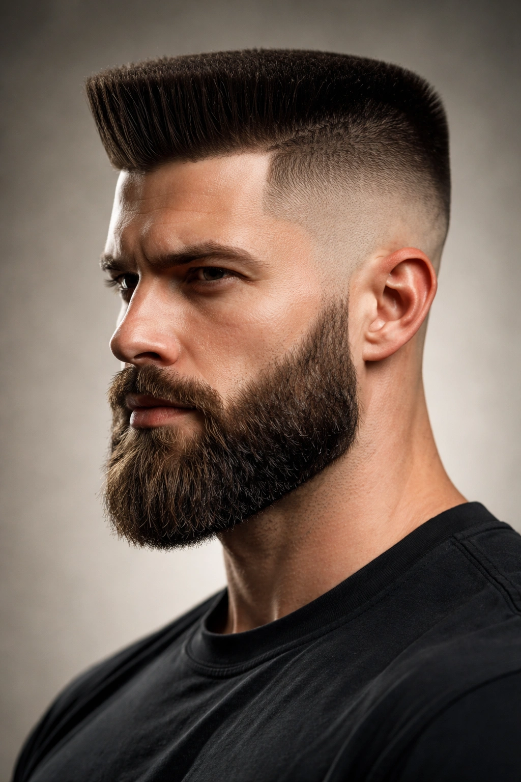 Portrait of a man with a high flat-top and full beard in a studio setting