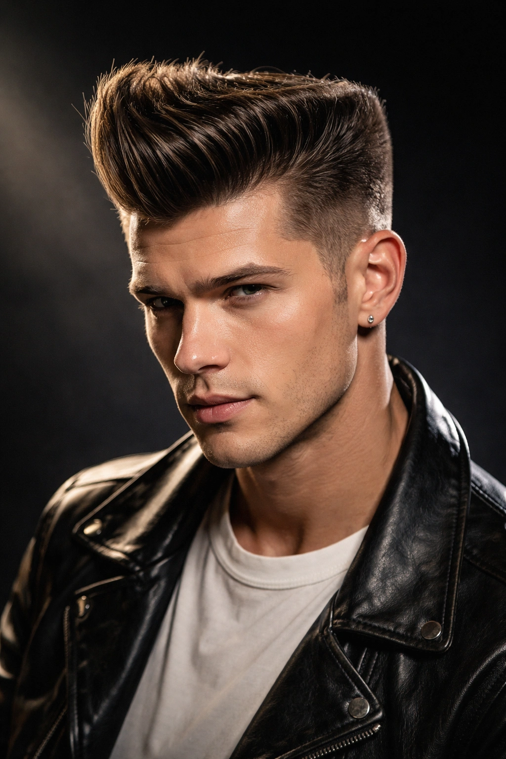 Portrait of a man showcasing a flat top boogie hairstyle with a central crest
