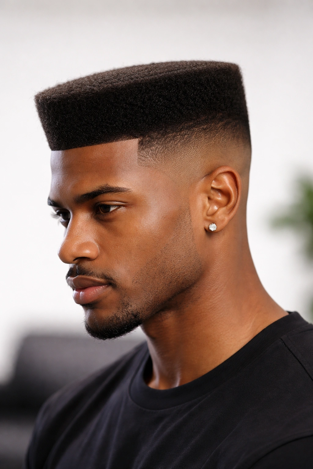 Man with a flat-top fade hairstyle in profile