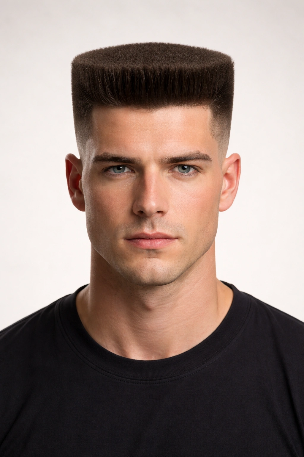 Head-on portrait showing a flat top with squared crown and tapered sides.