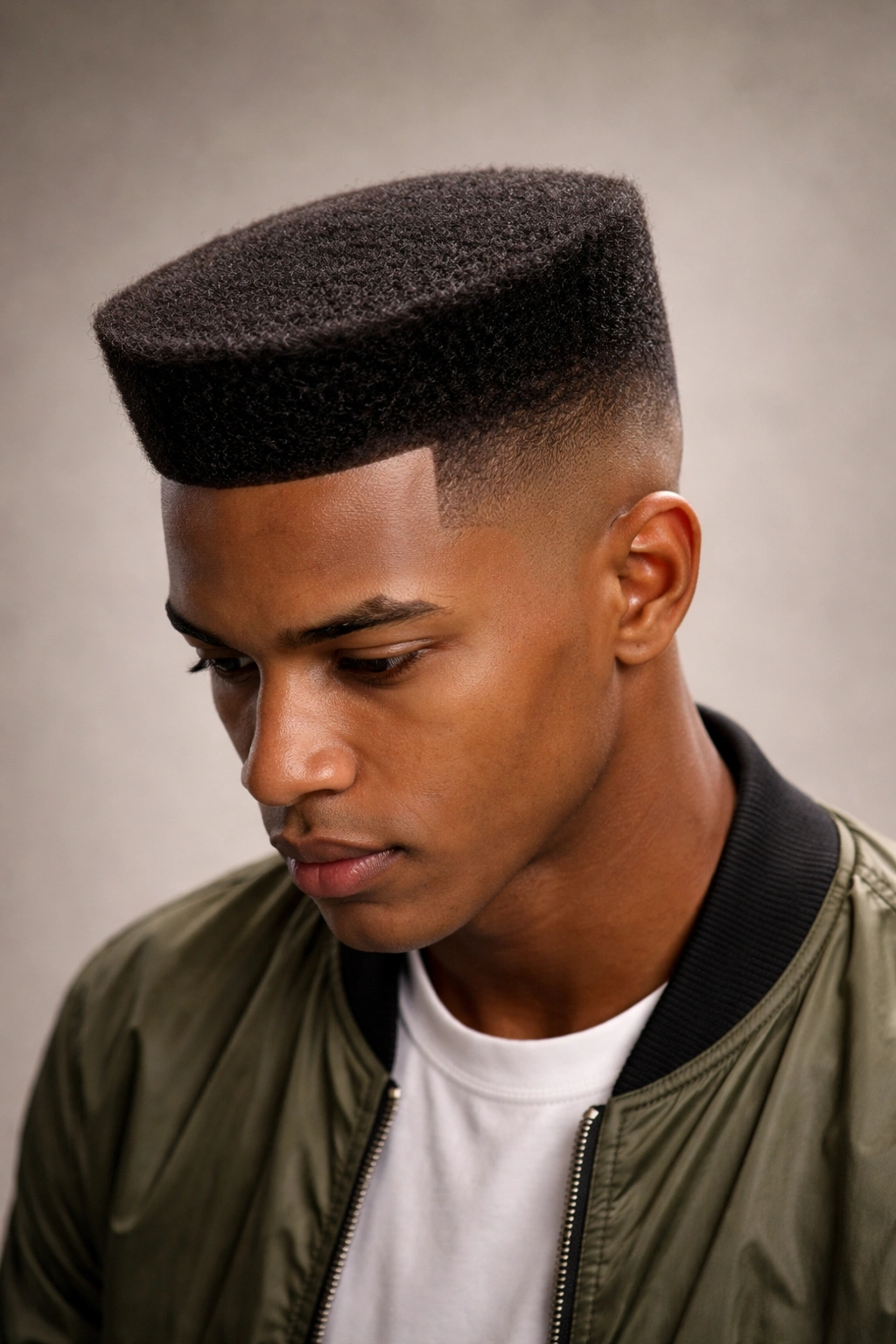 Flat top hairstyle showing a sharp, level top and short sides