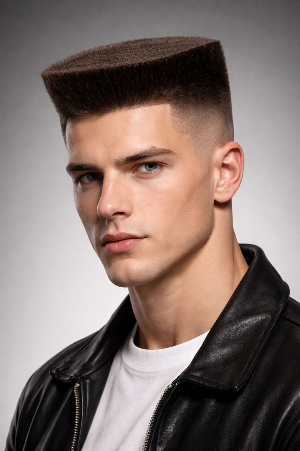 Flat top hairstyle with a sharp, level top on a man