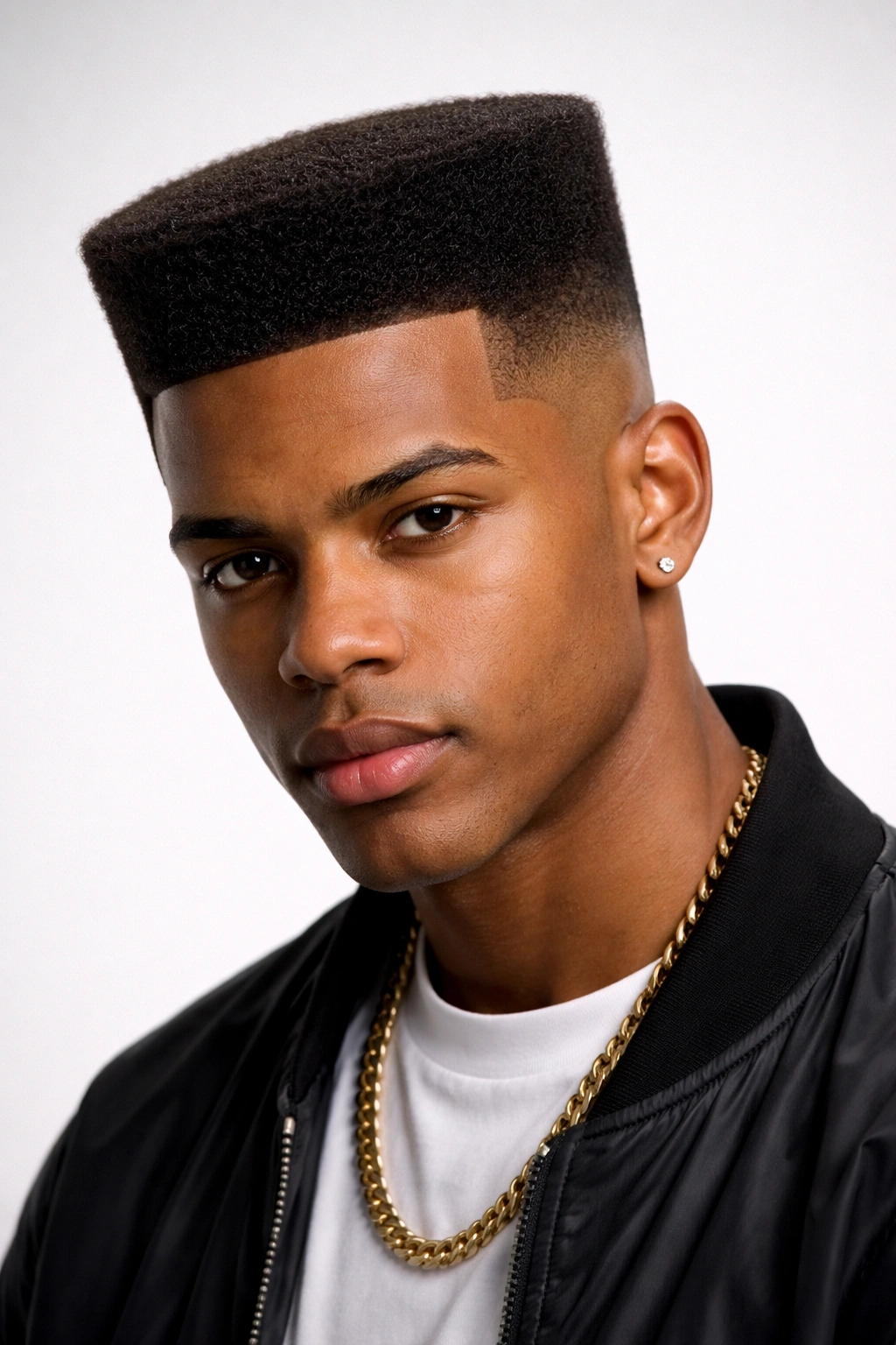 Close-up of a flat-top hairstyle with squared top and faded sides