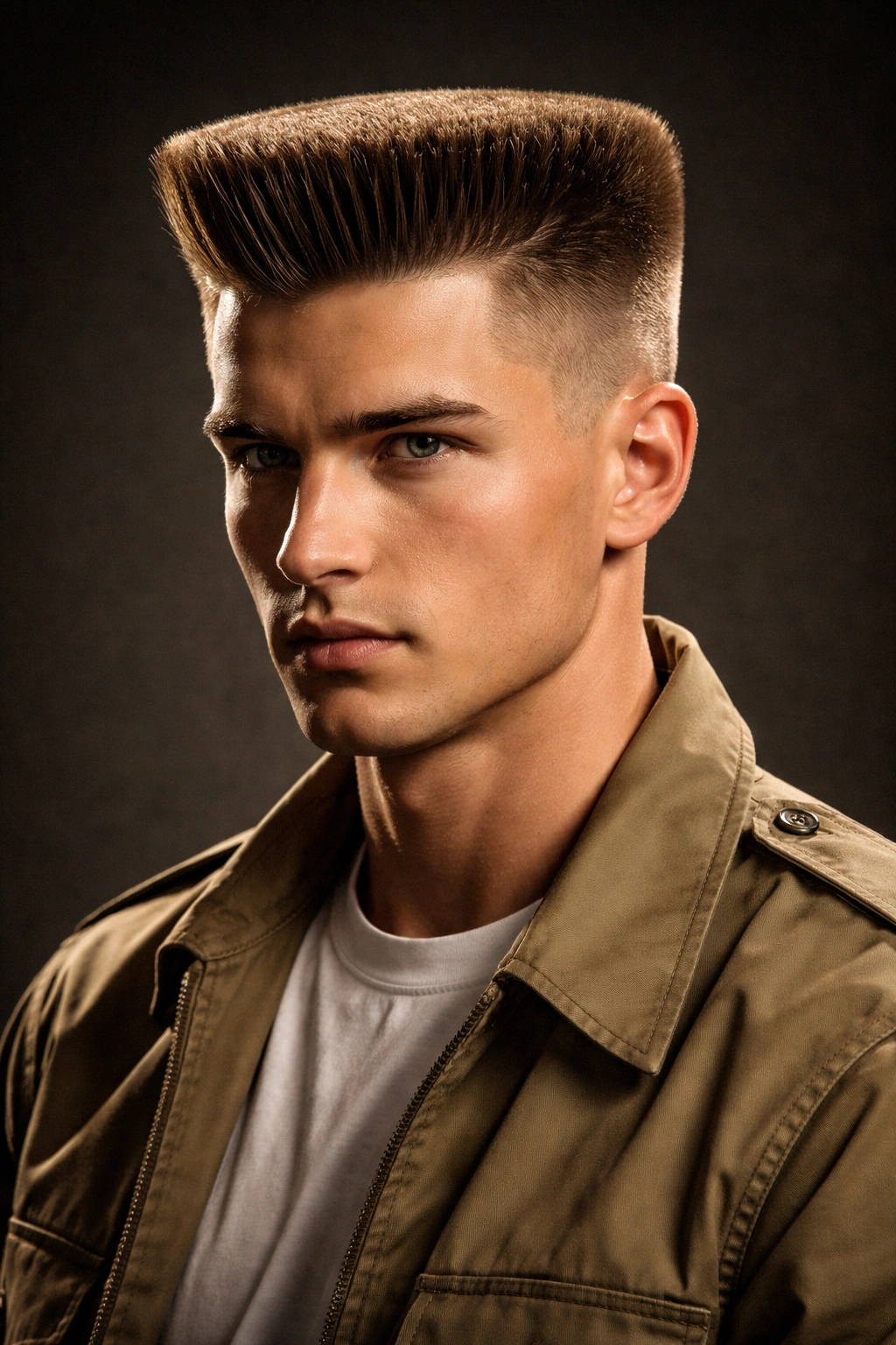 Man with a flat top silhouette and upright top hair