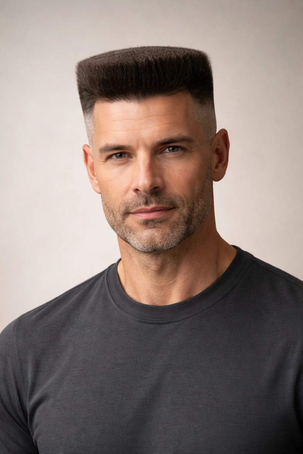 Portrait of a man with a modern flat top haircut with a flat crown