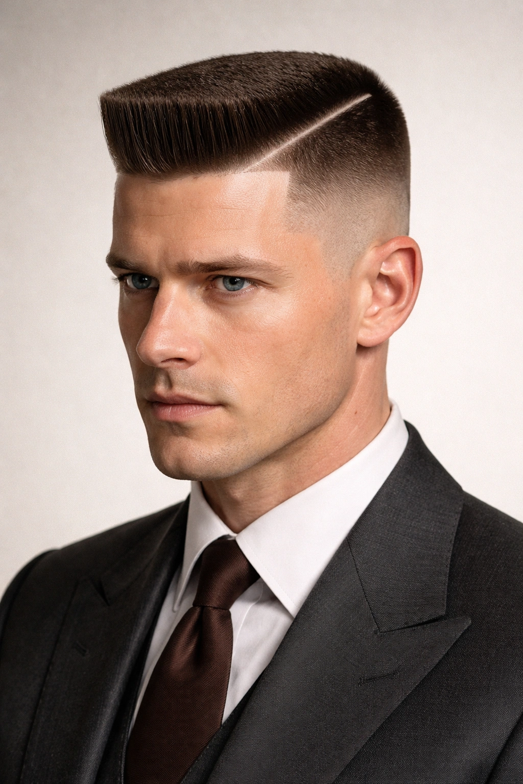 Close-up portrait of a man with a flat top and hard part, sharp geometric haircut