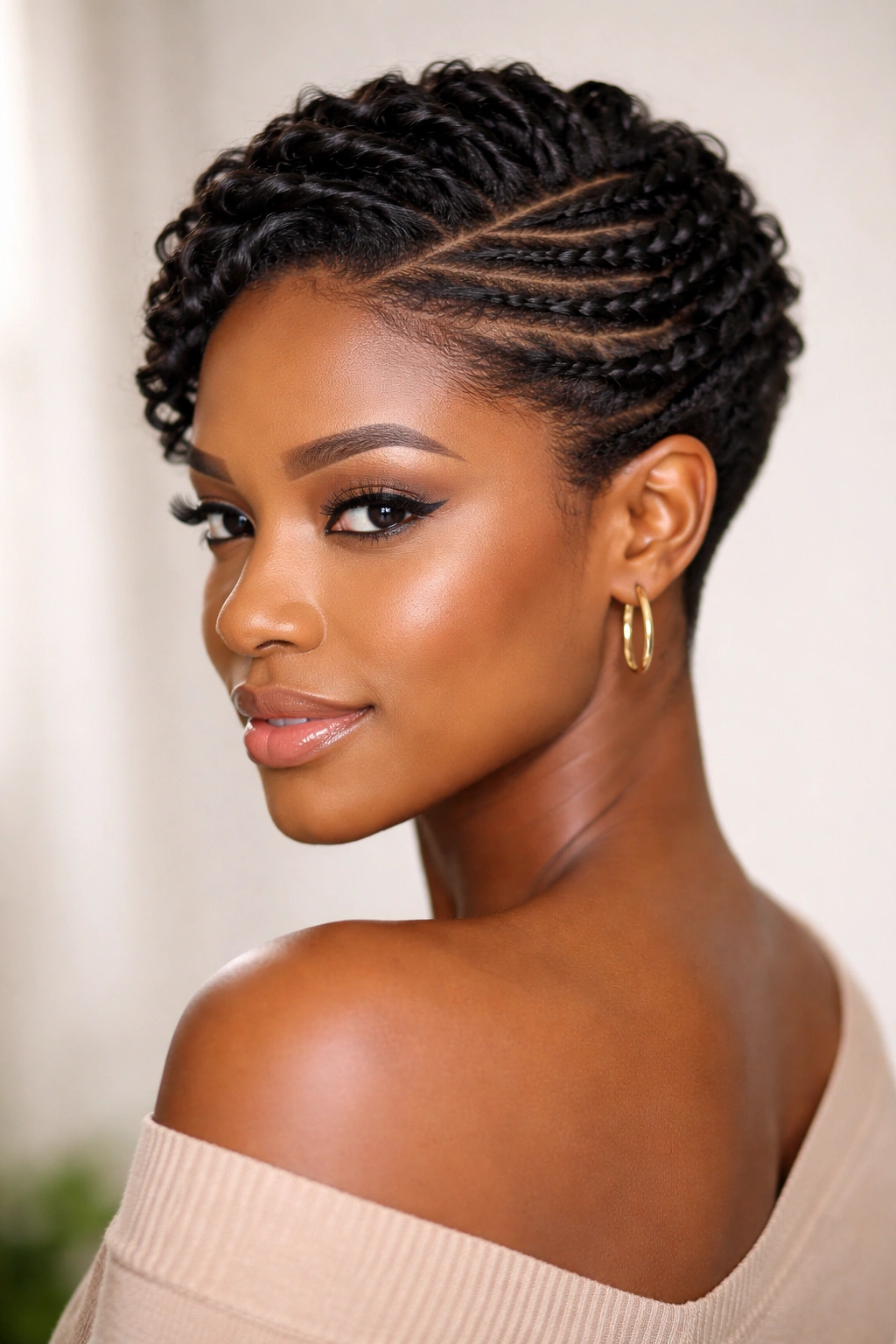 Portrait of a Black woman with sleek flat twists in a short hairstyle.