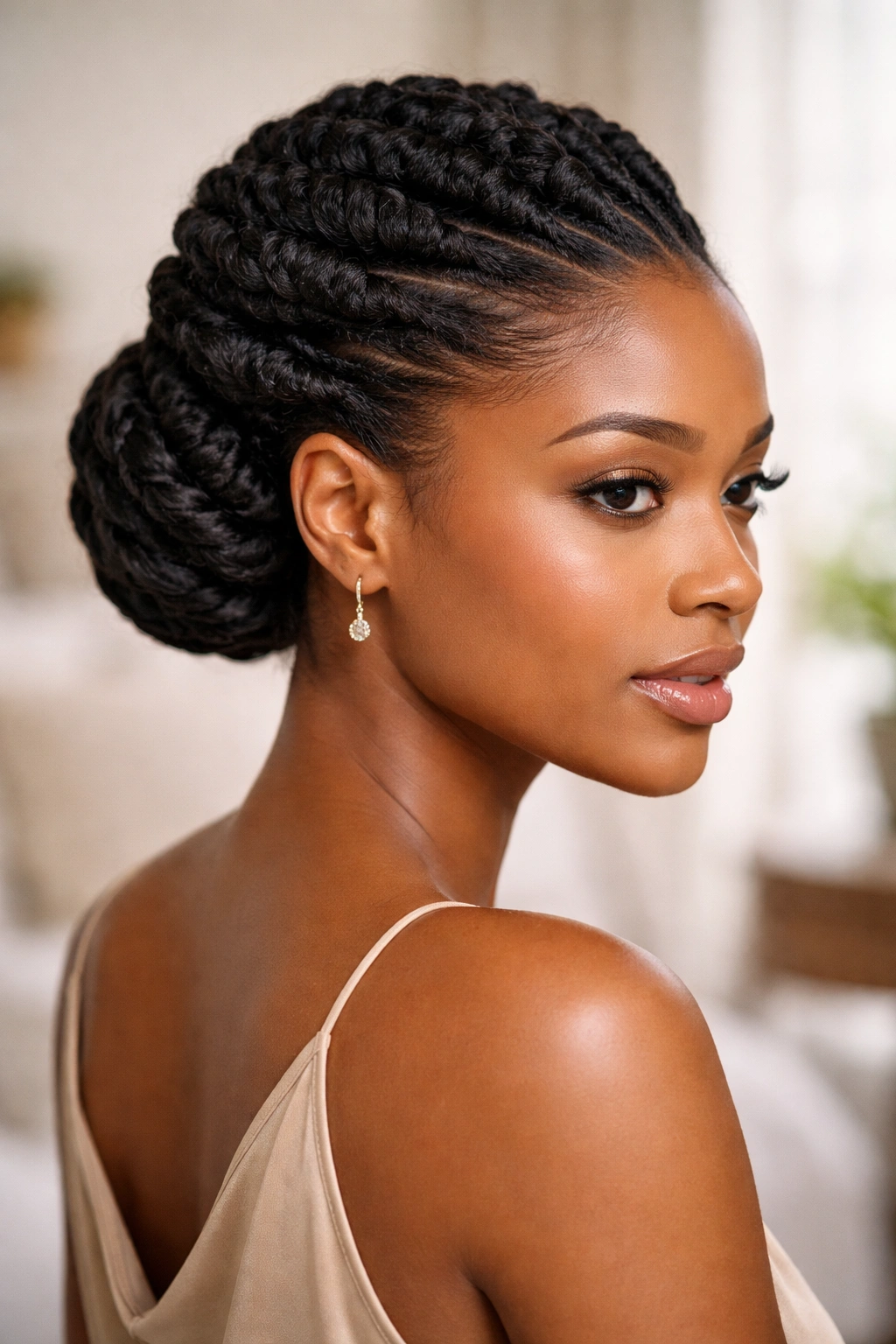 10 Hairstyles For Tight Curls At Every Length 6 Elegant updo of flat twists forming a neat silhouette