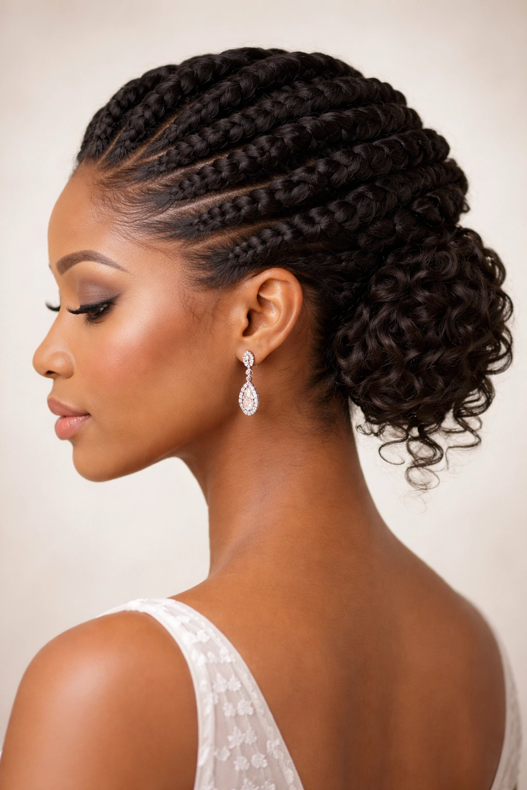 Close-up of flat twist updo showing crown-like twists and small back bun.