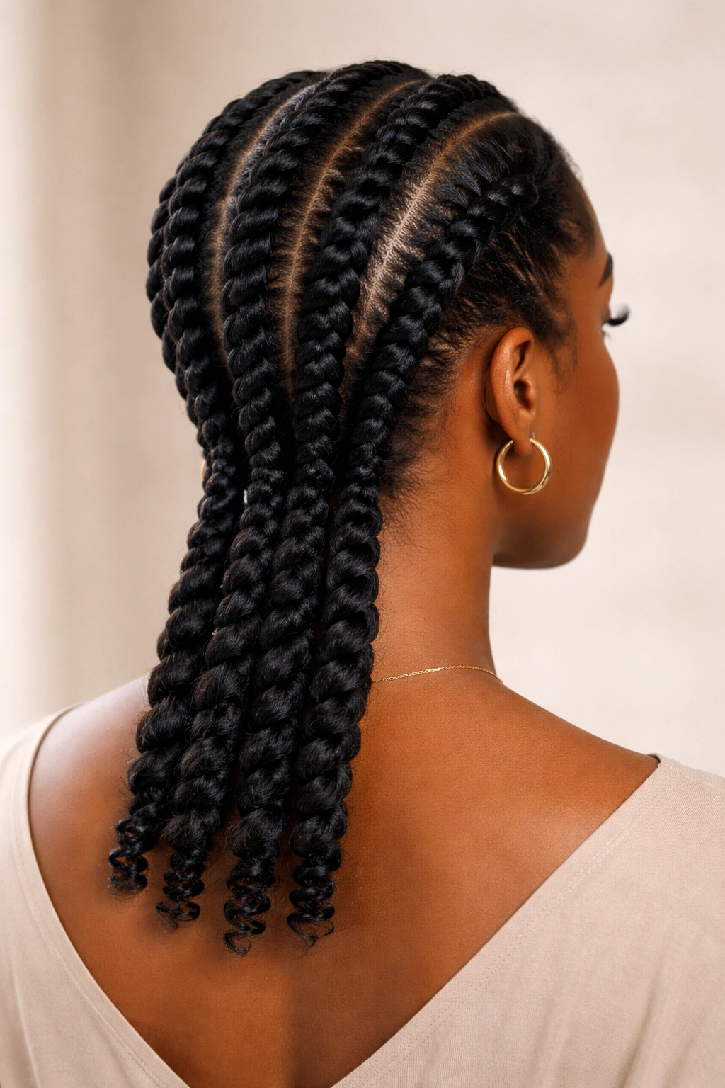 Two to four vertical flat twists down the back highlighting precise twisting and texture