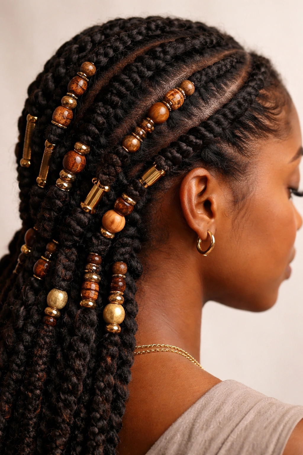 Close-up of flat twists with beads and jewelry on natural hair