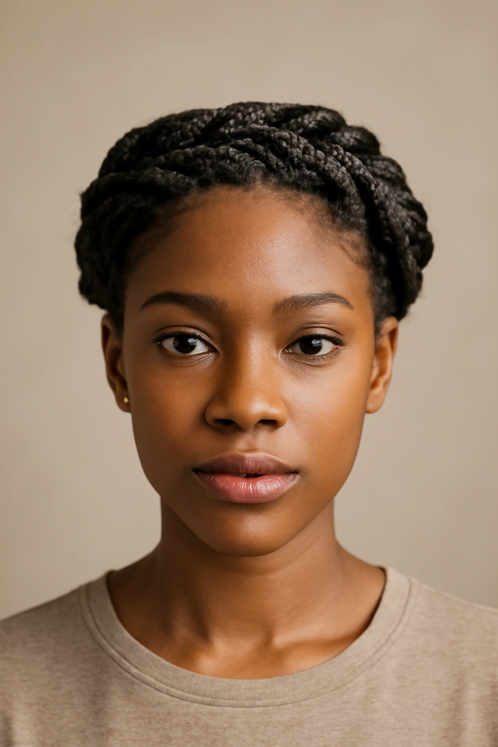 Box braids twisted into flat twists forming a crown around the head