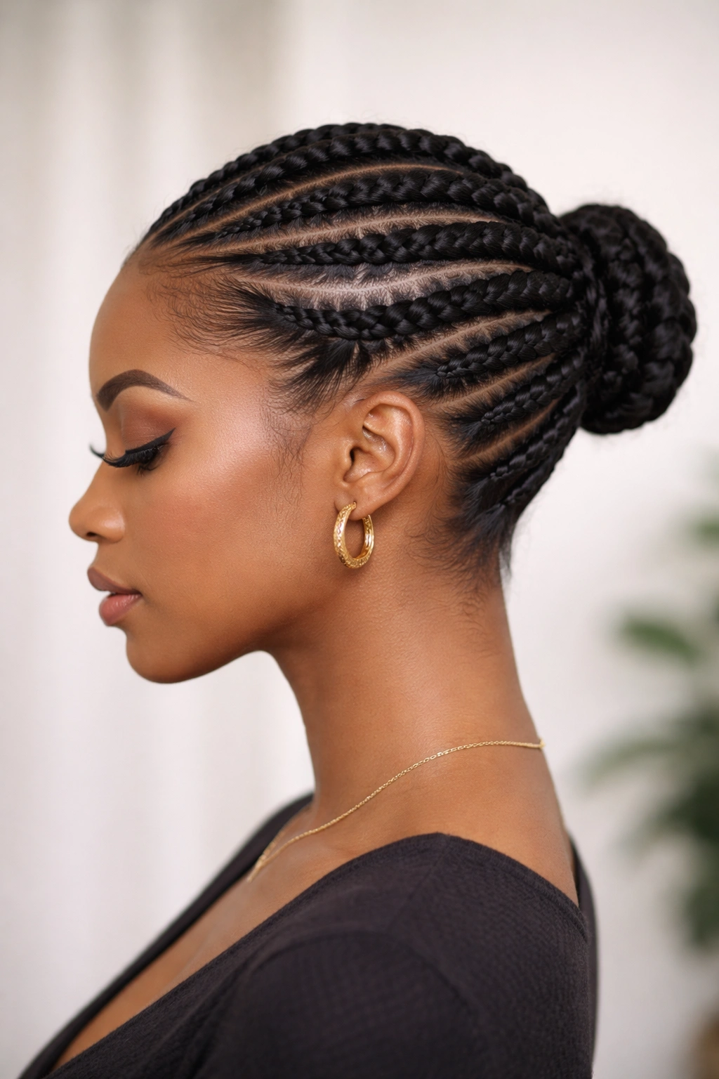 Side profile of flat twists forming a geometric crown on the head