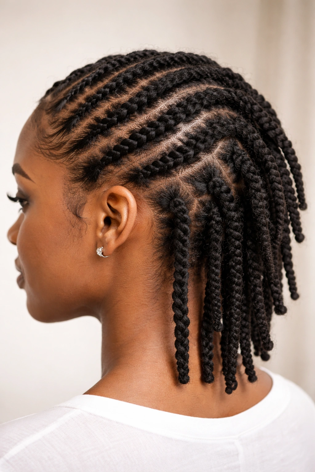 Close-up of flat twists transitioning into locs on short hair.