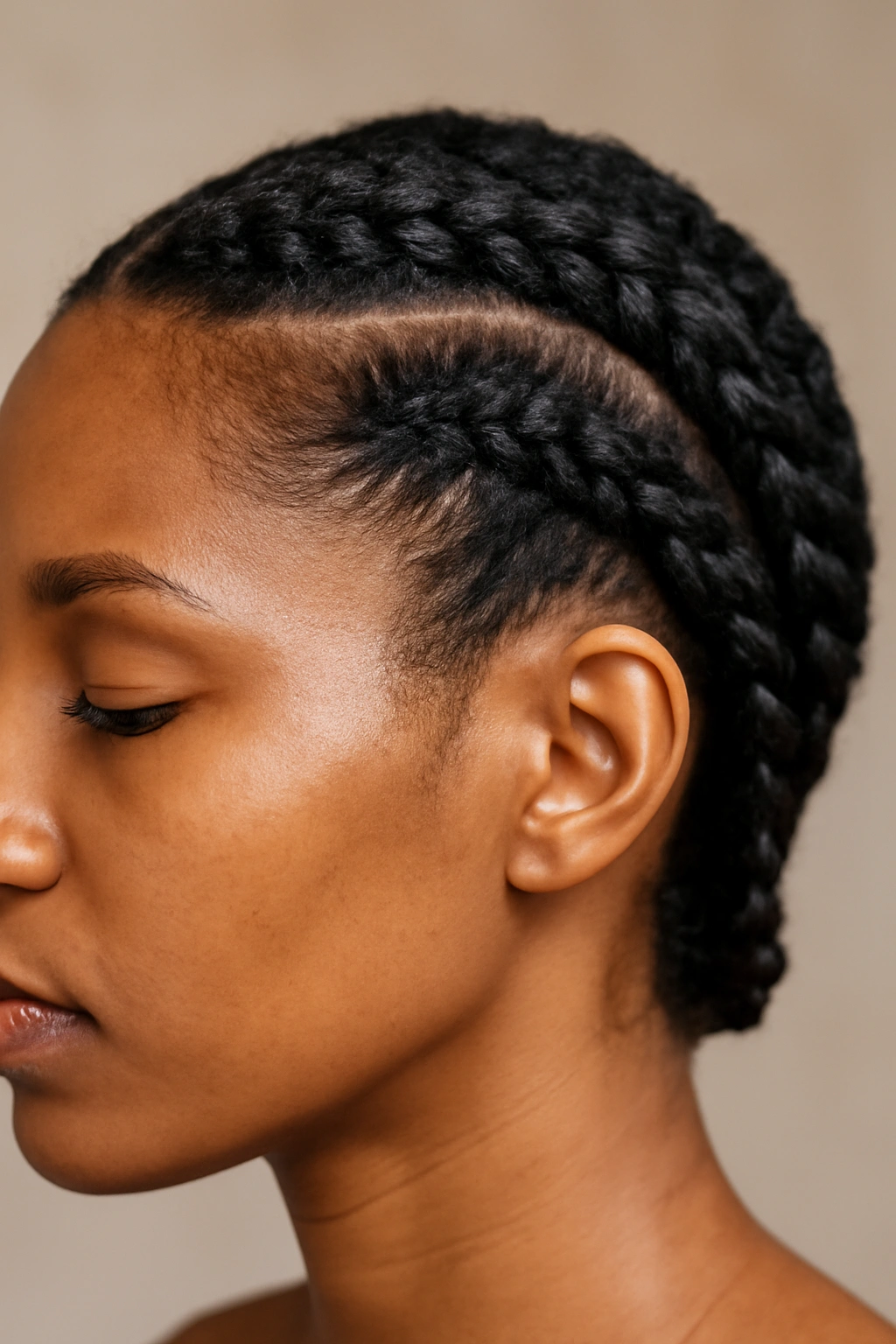 20 Hairstyles for Black Women Sorted by Hair Texture 8 Close-up of flat twists along the scalp on dark skin; a protective hairstyle for black hair.