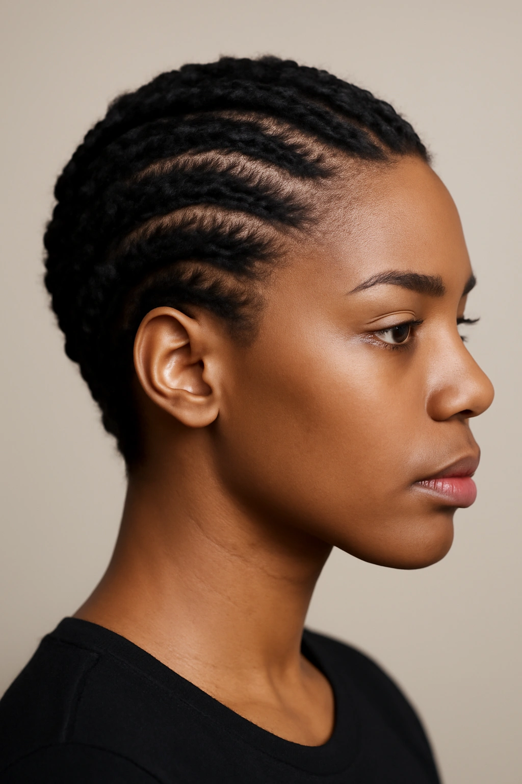20 Short Natural Hairstyles for Black Women to Save 6 Portrait of a Black woman with flat twists along the scalp.