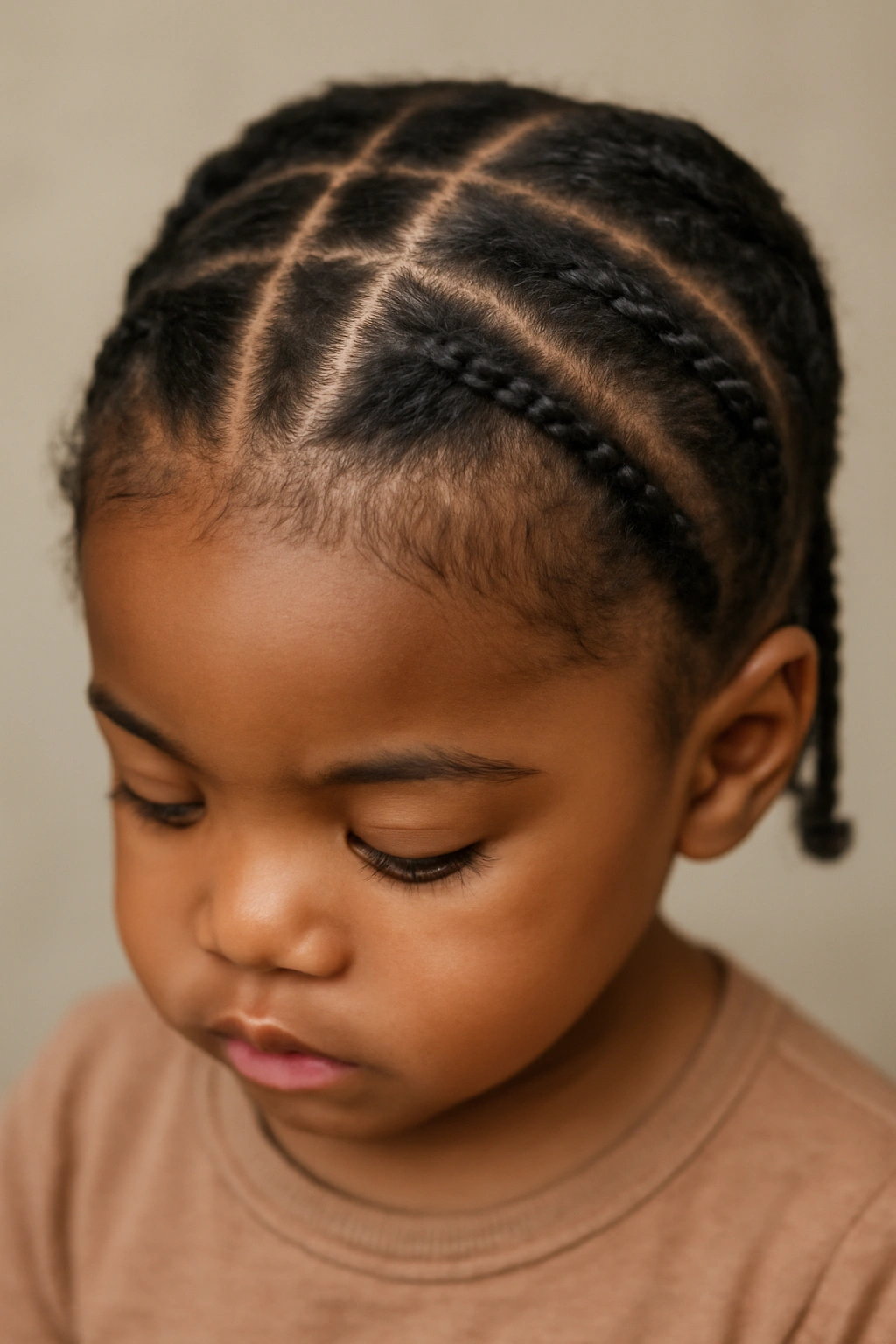 12 Beautiful Braided Hairstyles for Black Toddlers 6 Close-up of toddler with flat twists arranged in a linear grid