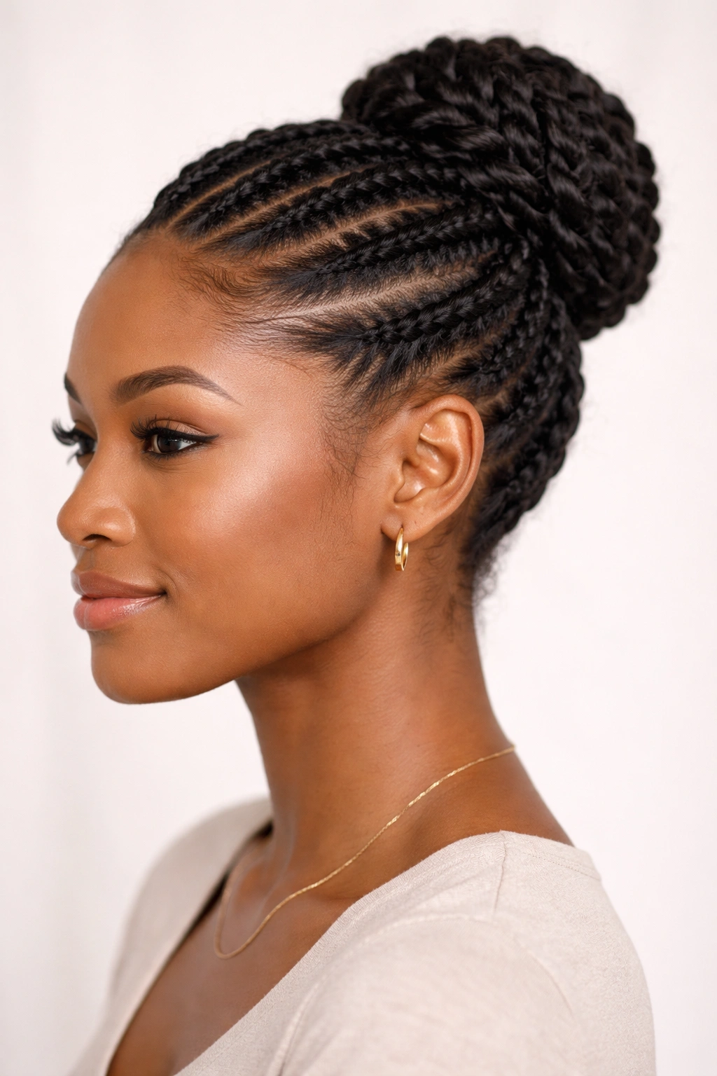 Flat twist updo with two-strand twists gathered into a crown bun