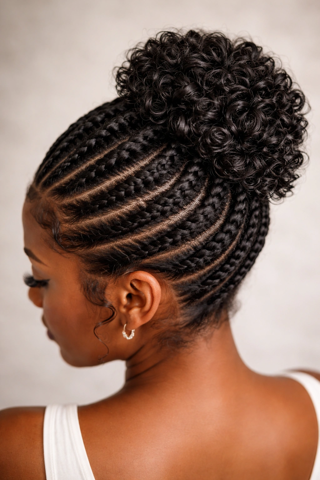 Updo made of flat twists with curls at the edges
