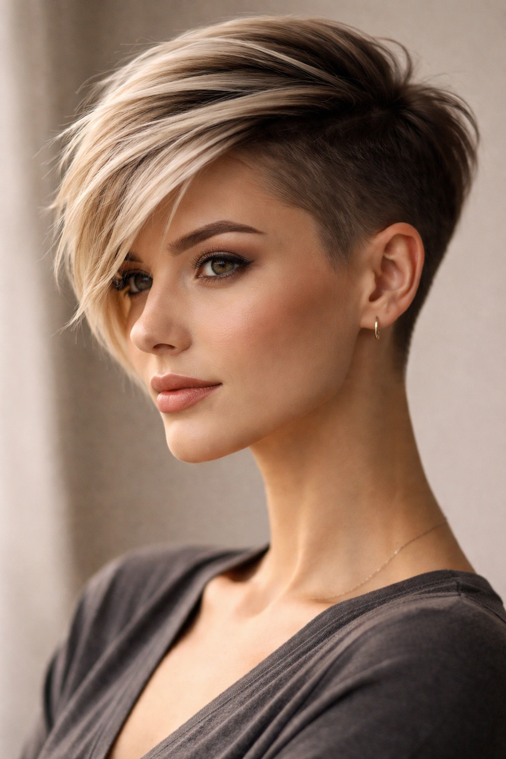 8 Undercut Pixie Styles From Soft To Sharp 12 Portrait showing asymmetrical undercut pixie with flattering angles for face shapes