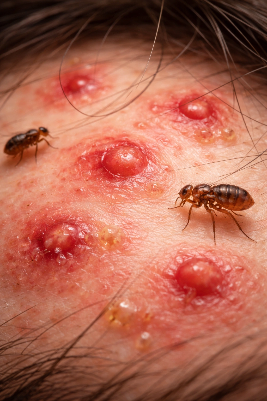 Close-up of human skin showing flea bites and rash to illustrate health risks