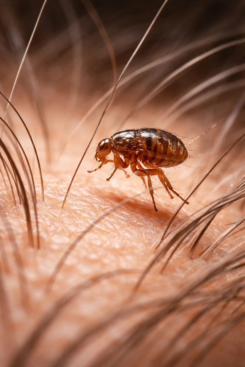 Flea approaching human skin illustrating how humans encounter fleas