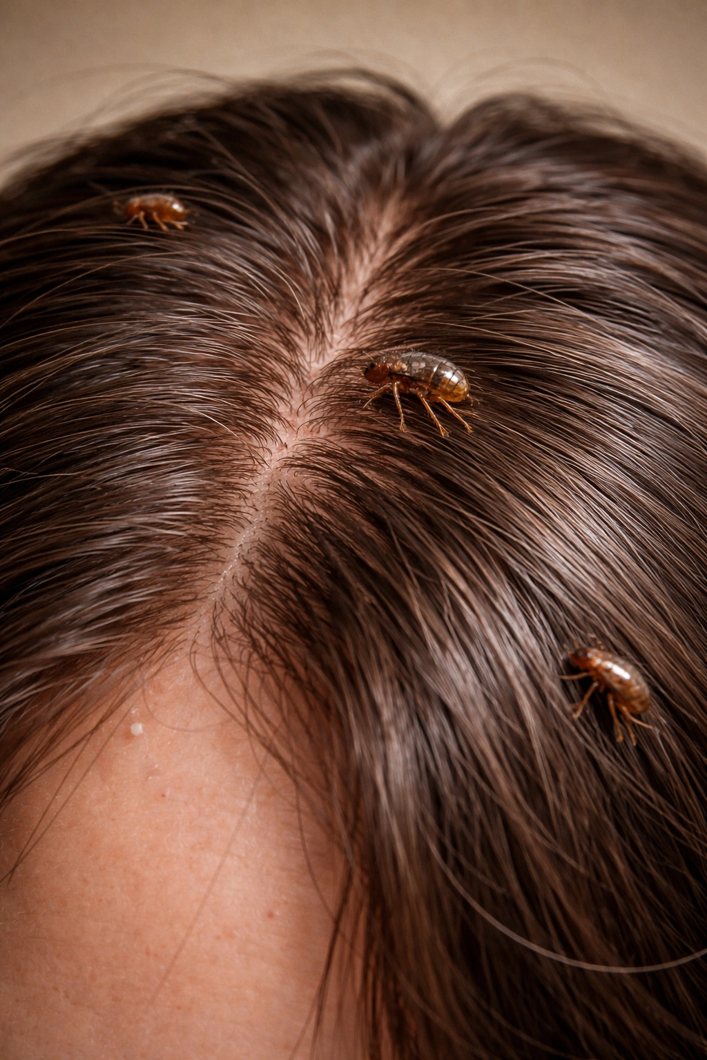 Close-up of human hair and scalp showing no fleas