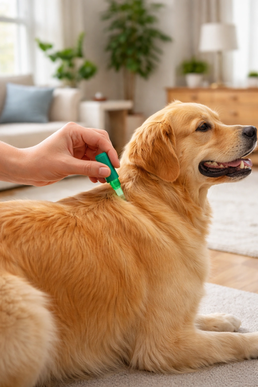 Hand applying topical flea prevention on dog's back