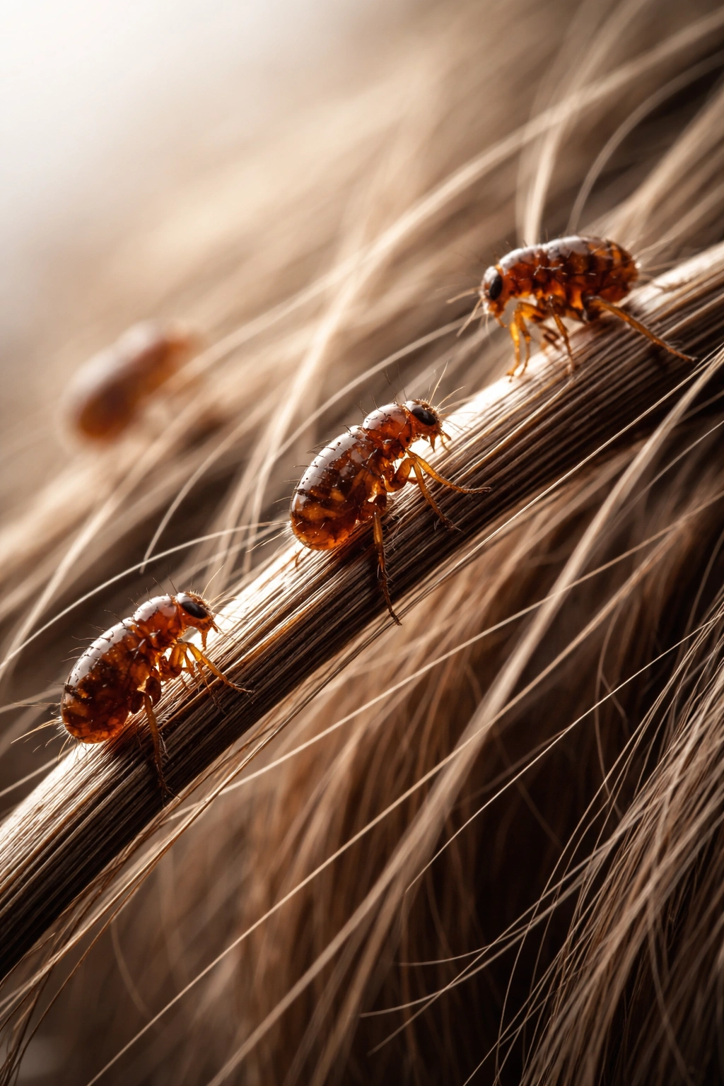 Macro close-up of fleas on a hair strand showing temporary contact with human hair