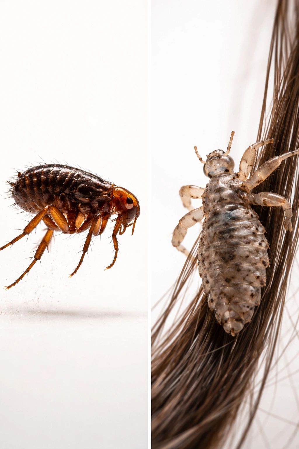 Close-up of flea and head louse highlighting differences