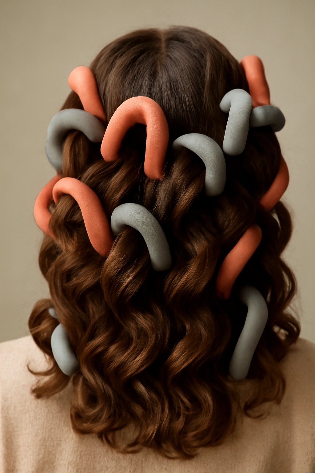 15 Heatless Wavy Hairstyles Anyone Can Pull Off 10 Crown-to-nape view showing flexi-rods wrapped in damp hair for bouncy waves