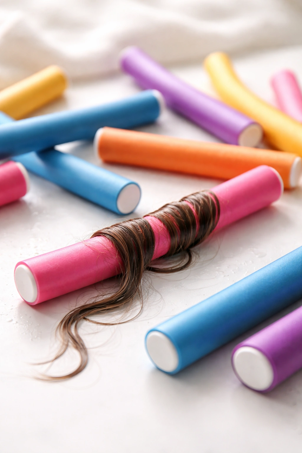 Close-up of colorful flexi-rods with damp hair wrapped on a rod