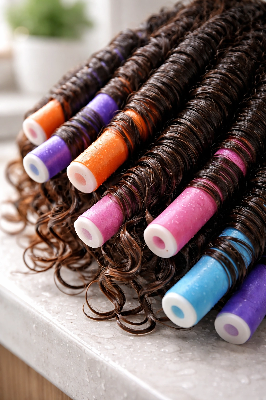 Close-up of damp hair wrapped around colorful foam flexi-rods showing defined curls