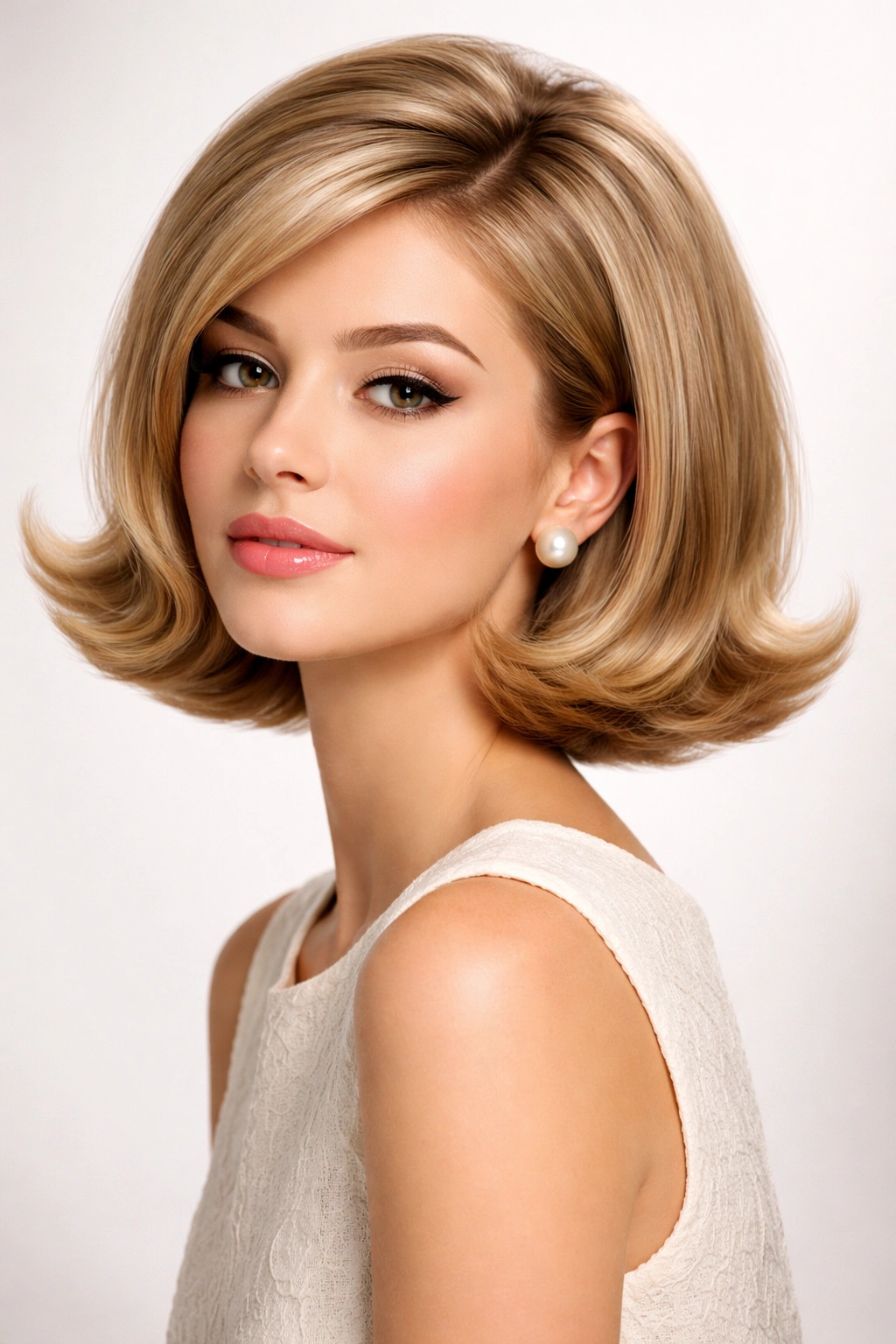 Flipped bob hairstyle with outward curled ends