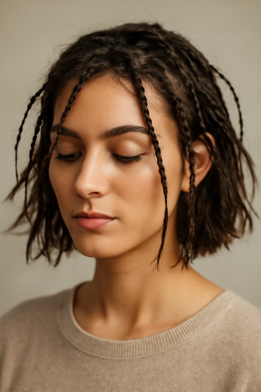Head with multiple thin braids scattered across hair creating organic texture.