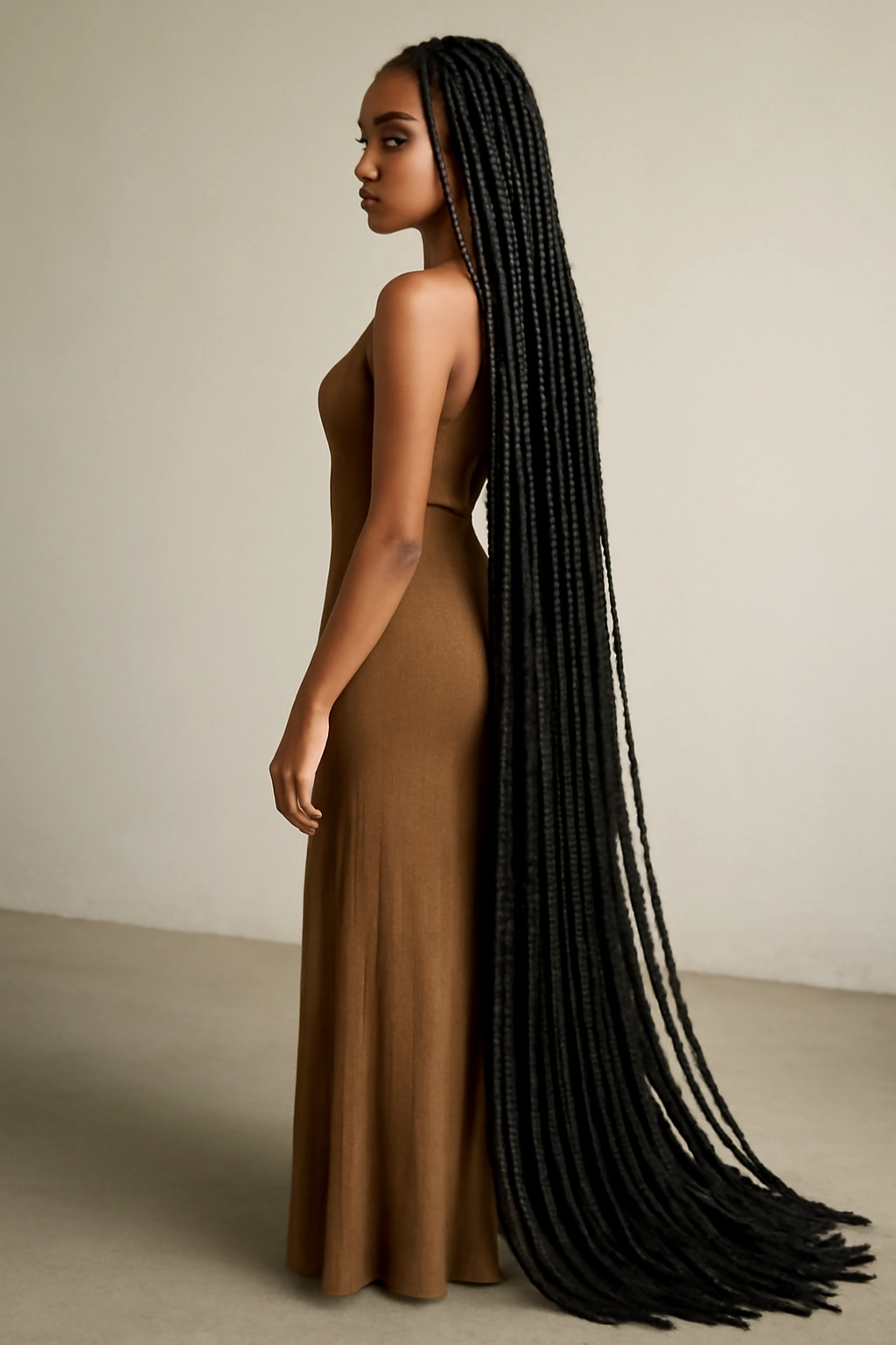 Model with extra-long floor-length box braids cascading to the floor