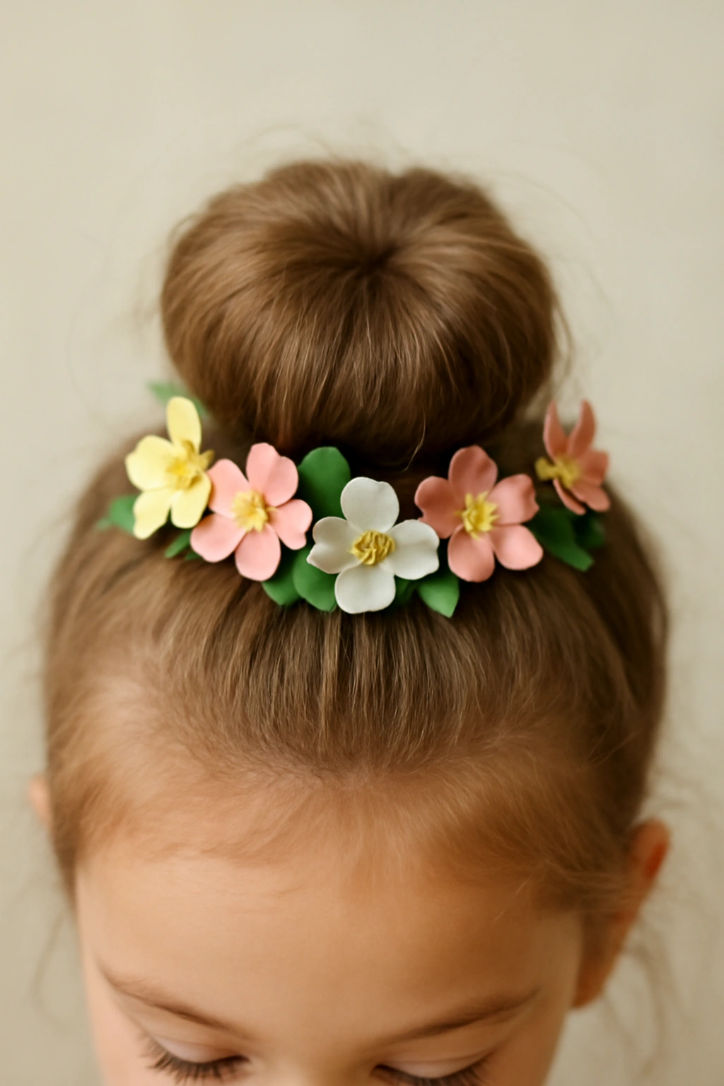 12 Sweet Easter Hairstyles Your Little Girl Needs 12 Topknot with small flowers around the base