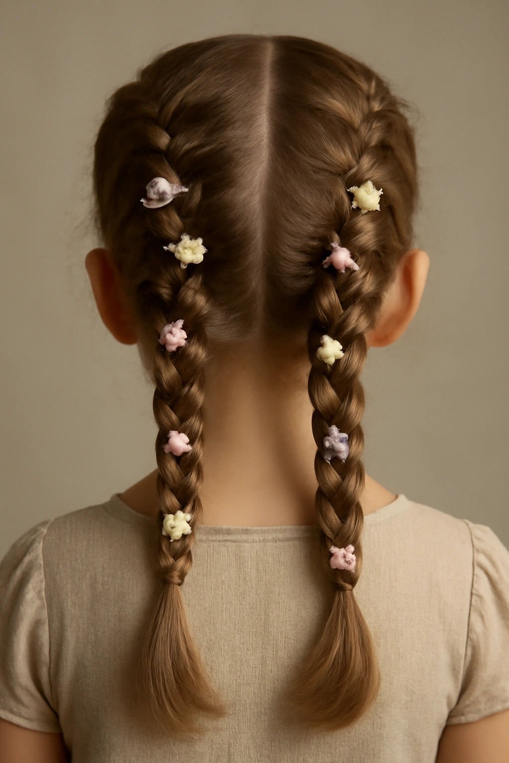 12 Sweet Easter Hairstyles Your Little Girl Needs 7 Close-up of two Dutch braids adorned with small silk flowers along the length