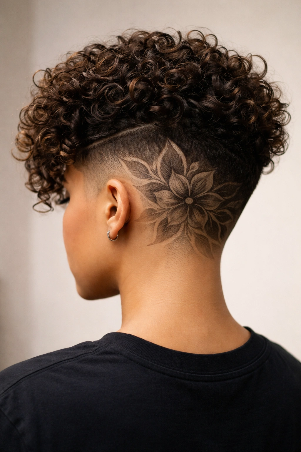 Back view of curly hair showing a floral fade design in the nape.